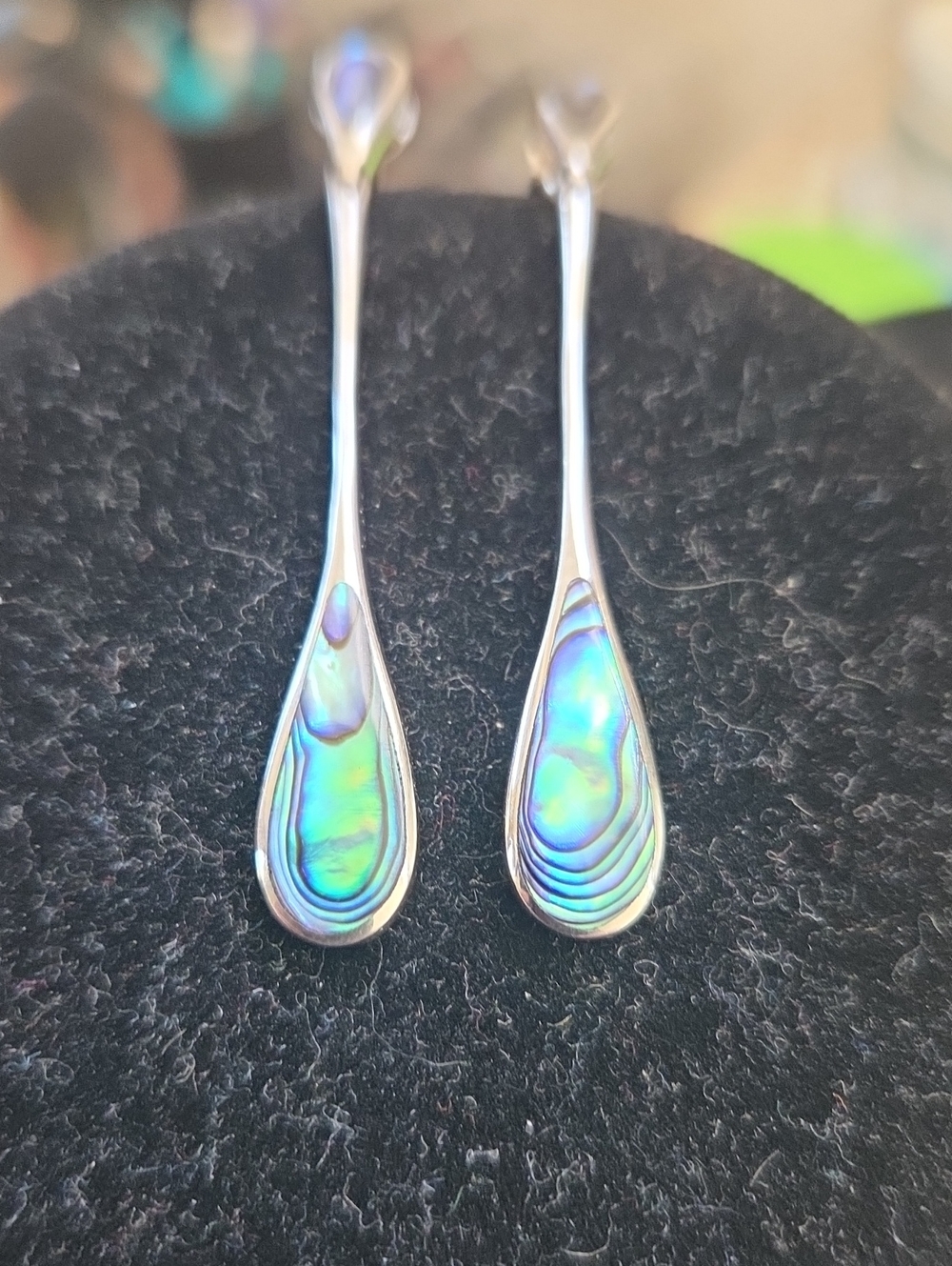 Silver Abalone Teardrop Drop Earrings - Blue Green Iridescent